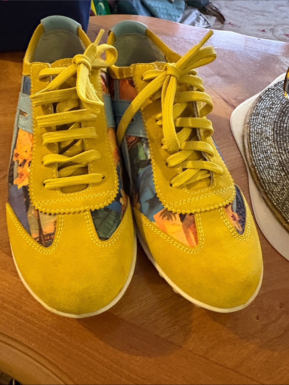 Geox Women's Yellow Suede Sneakers with Floral Panels